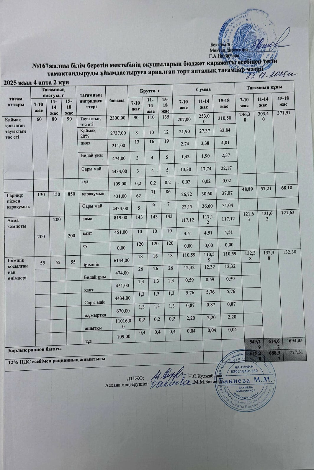 Ас мәзірі 23.12.2025/Меню 23.12.2025