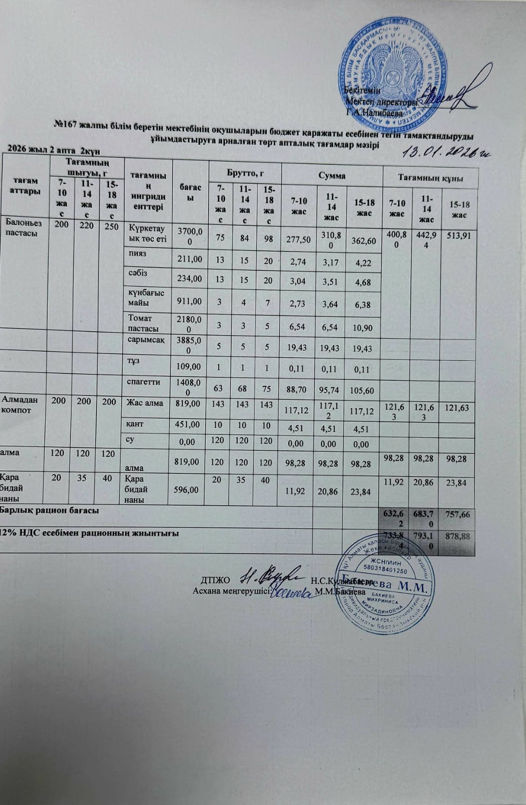 Ас мәзірі 13.01.2026/Меню 13.01.2026